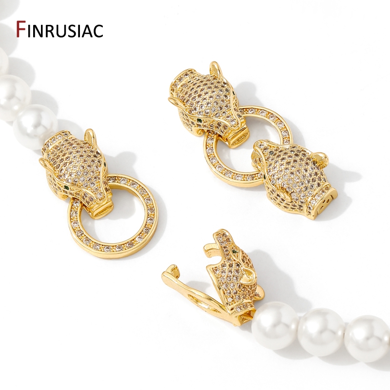 Jewelry Making Bead - 18K ゴールドメッキ真鍮象嵌ジルコンヒョウヘッドパールクラスプファスナー、ジュエリー用ロック、DIY ブレスレットネックレス作成用品